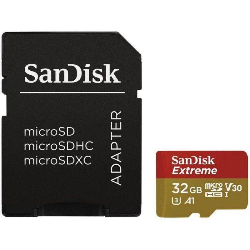 SanDisk Extreme microSDHC 32GB veiksmo kameroms ir dronams + SD adapteris – 100 MB/ s A1 C10 V30 UHS-I U3 EAN:6196591551…