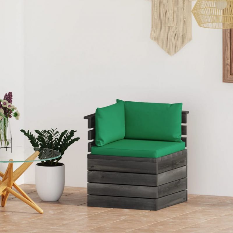 Kampinė sodo sofa iš palečių su pagalvėlėmis, pušies mediena, 3061652