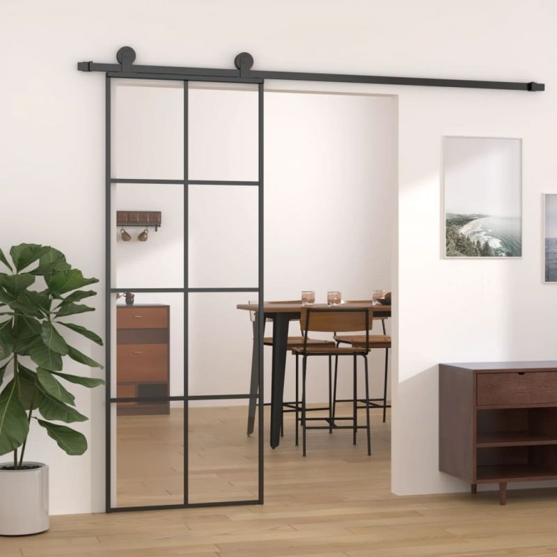 Stumdomos durys, juodos, 76x205cm, ESG stiklas ir aliuminis, 151666