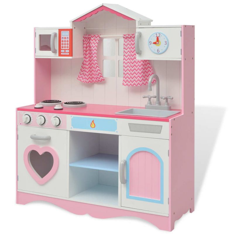 Žaislinė virtuvė, mediena, 82x30x100cm, rožinė ir balta, 80179