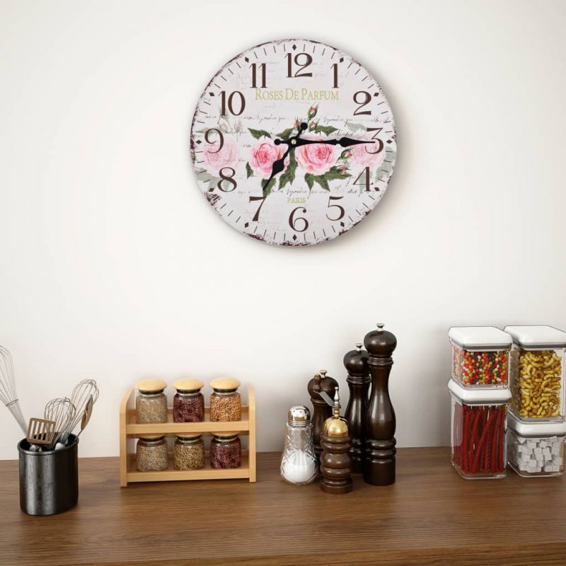 Sieninis laikrodis virtuvei, 30 cm, vintažinio diz., su gėlėmis, 50625