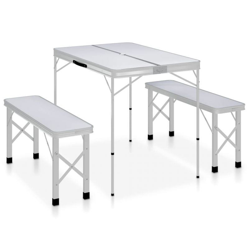 Sulankstomas stalas su 2 suoliukais, baltos spalvos, aliuminis, 48181