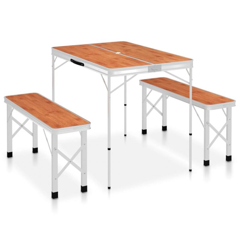Sulankstomas stalas su 2 suoliukais, rudas, aliuminis, 48182