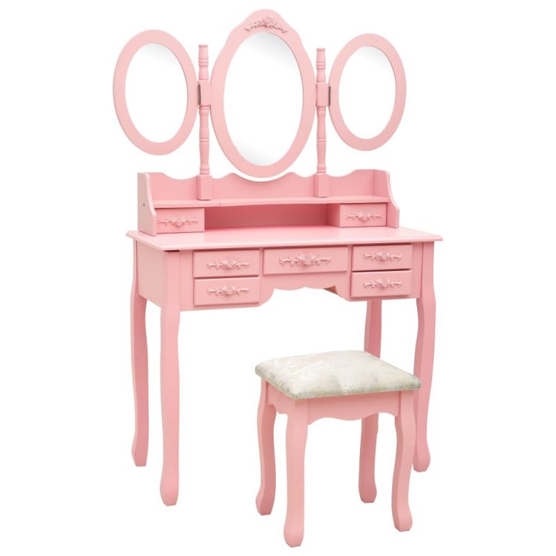 Kosmetinis staliukas su kėdute ir 3 veidrodžiais, rožinis, 289327