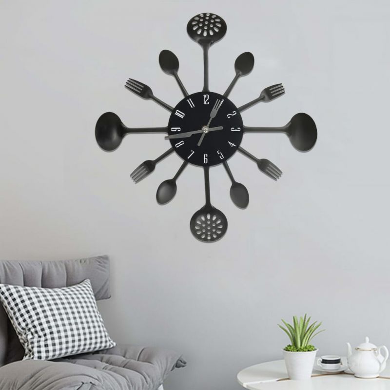 325163 Wall Clock with Spoon and Fork Design Black 40 cm Aluminium, 325163