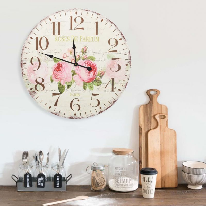 Sieninis laikrodis, 60 cm, vintažinio stiliaus, su gėlėmis, 325177
