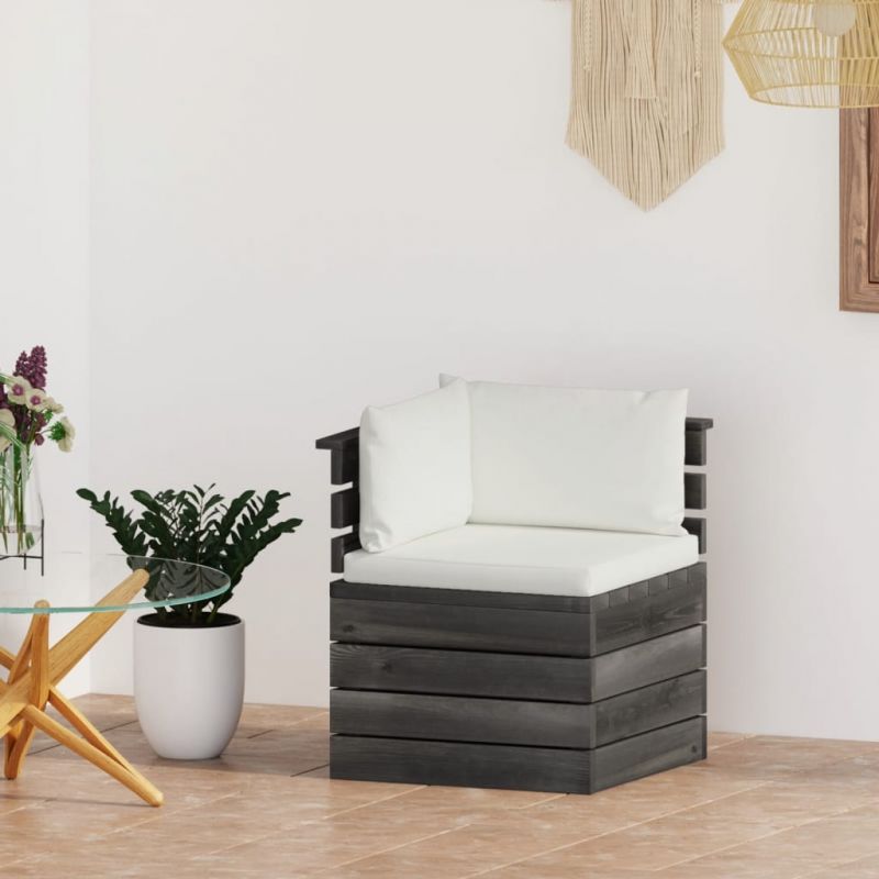 Kampinė sodo sofa iš palečių su pagalvėlėmis, pušies mediena, 3061649