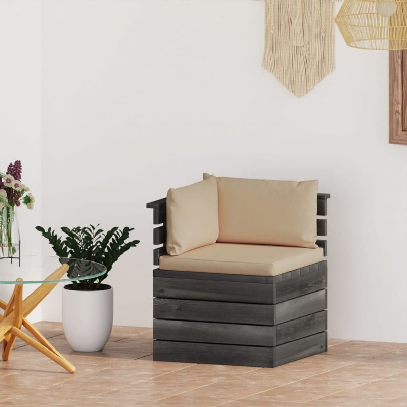 Kampinė sodo sofa iš palečių su pagalvėlėmis, pušies mediena, 3061650