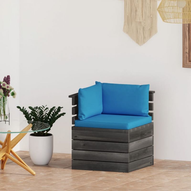 Kampinė sodo sofa iš palečių su pagalvėlėmis, pušies mediena, 3061651