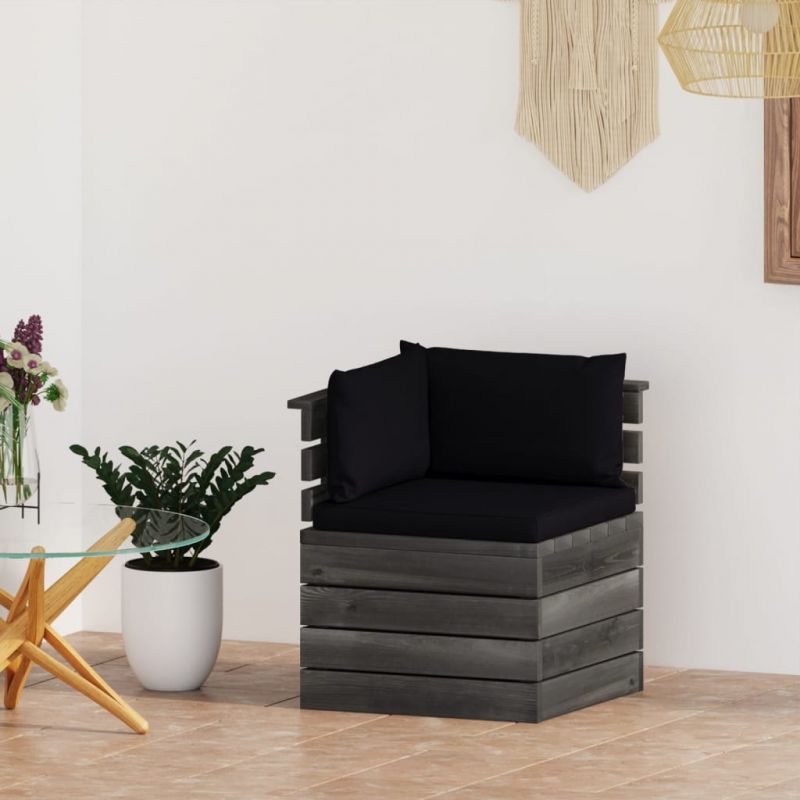Kampinė sodo sofa iš palečių su pagalvėlėmis, pušies mediena, 3061654