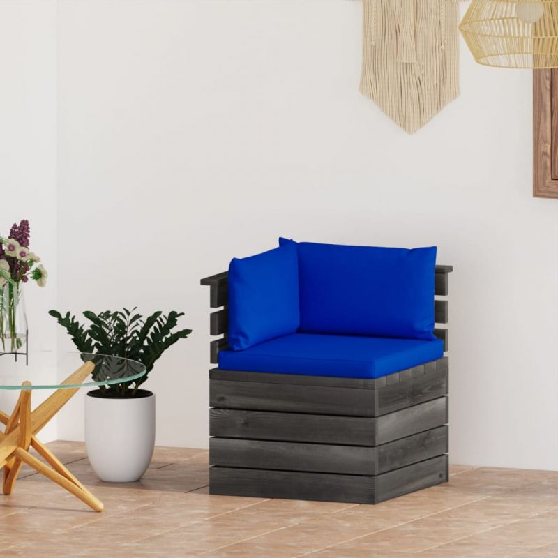 Kampinė sodo sofa iš palečių su pagalvėlėmis, pušies mediena, 3061657