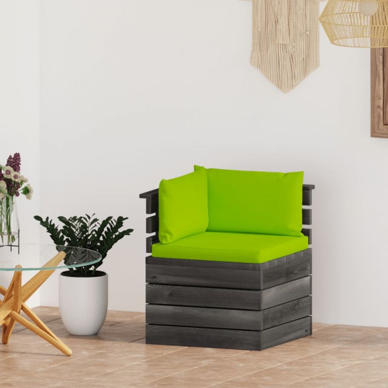 Kampinė sodo sofa iš palečių su pagalvėlėmis, pušies mediena, 3061658